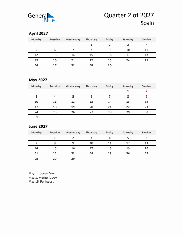 2027 Q2 Three-Month Calendar for Spain