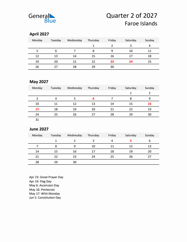 2027 Q2 Three-Month Calendar for Faroe Islands