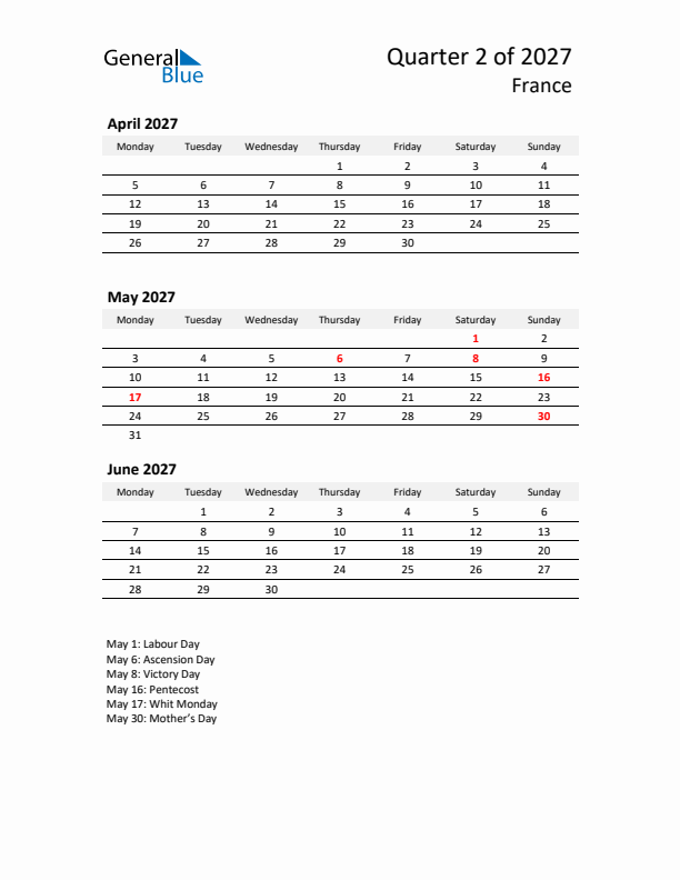 2027 Q2 Three-Month Calendar for France