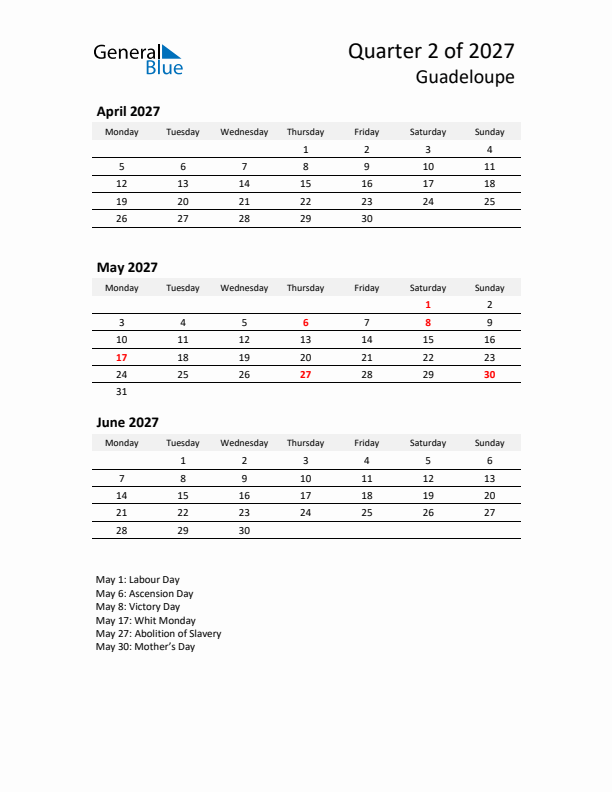 2027 Q2 Three-Month Calendar for Guadeloupe