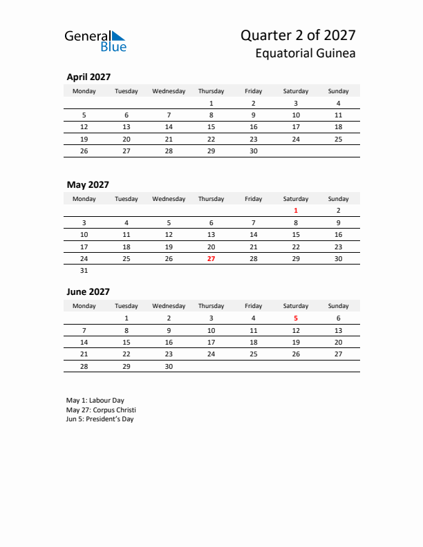 2027 Q2 Three-Month Calendar for Equatorial Guinea