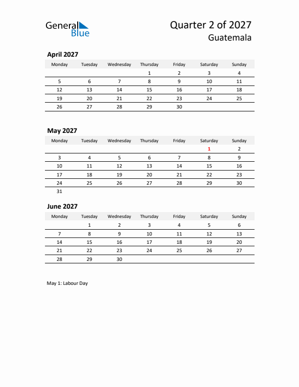 2027 Q2 Three-Month Calendar for Guatemala