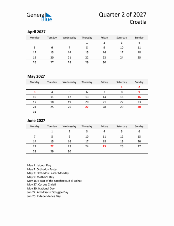 2027 Q2 Three-Month Calendar for Croatia