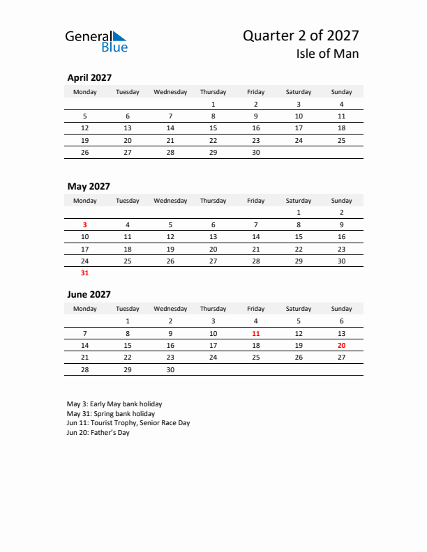 2027 Q2 Three-Month Calendar for Isle of Man