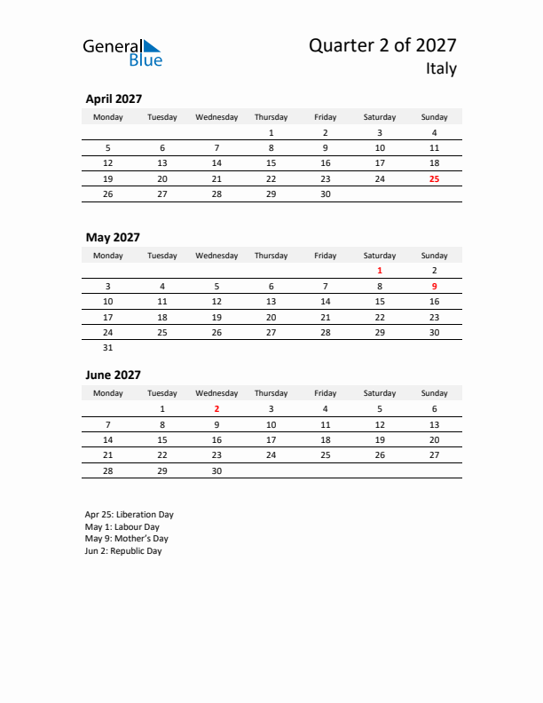 2027 Q2 Three-Month Calendar for Italy