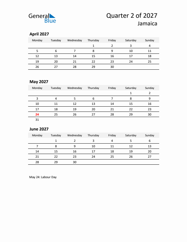 2027 Q2 Three-Month Calendar for Jamaica