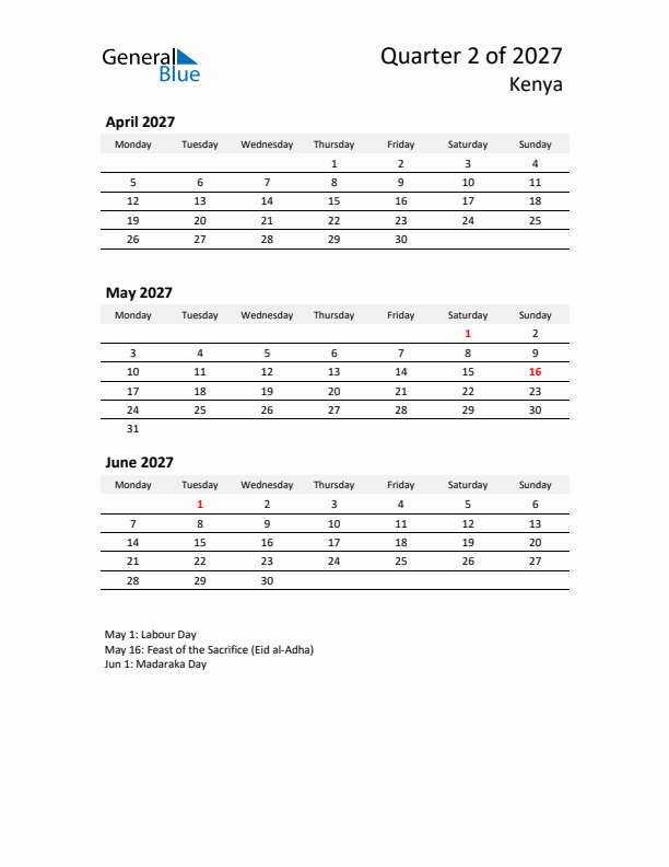 2027 Q2 Three-Month Calendar for Kenya