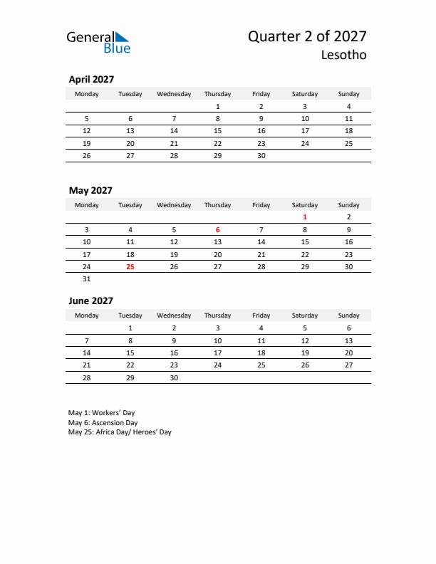 2027 Q2 Three-Month Calendar for Lesotho