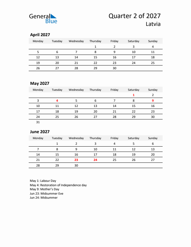 2027 Q2 Three-Month Calendar for Latvia