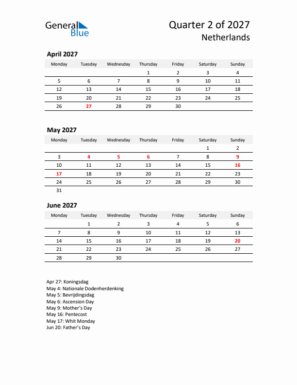 2027 Q2 Three-Month Calendar for The Netherlands