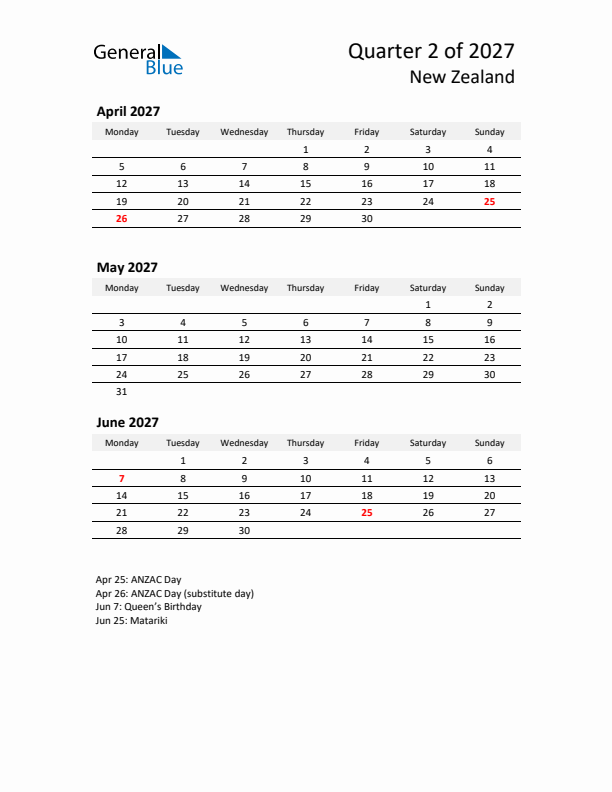 2027 Q2 Three-Month Calendar for New Zealand