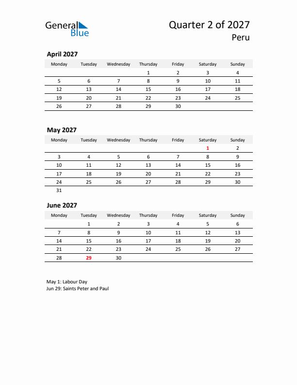 2027 Q2 Three-Month Calendar for Peru