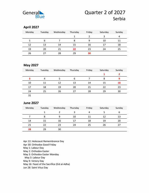 2027 Q2 Three-Month Calendar for Serbia