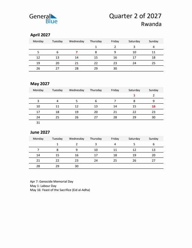 2027 Q2 Three-Month Calendar for Rwanda