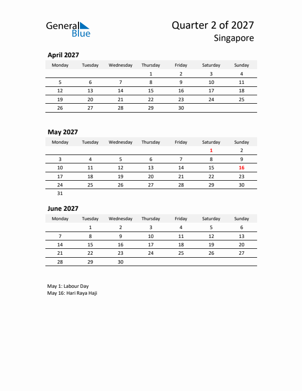 2027 Q2 Three-Month Calendar for Singapore