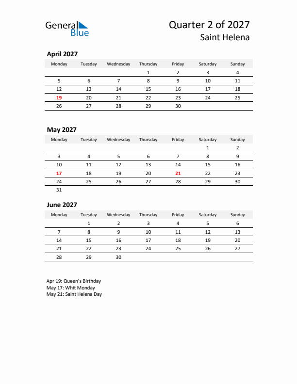 2027 Q2 Three-Month Calendar for Saint Helena