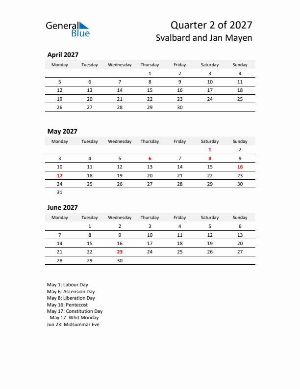 2027 Q2 Three-Month Calendar for Svalbard and Jan Mayen