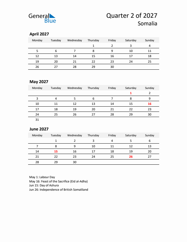 2027 Q2 Three-Month Calendar for Somalia