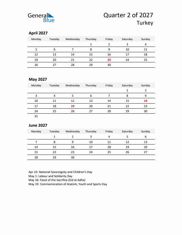 2027 Q2 Three-Month Calendar for Turkey