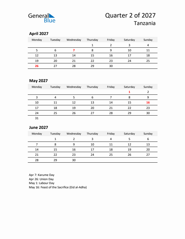 2027 Q2 Three-Month Calendar for Tanzania