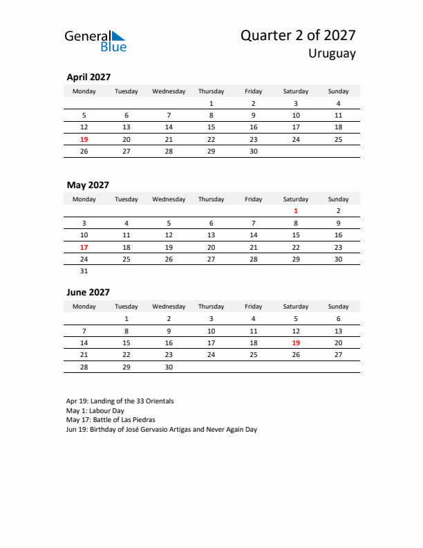 2027 Q2 Three-Month Calendar for Uruguay