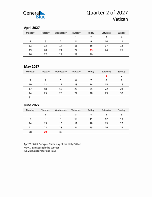 2027 Q2 Three-Month Calendar for Vatican