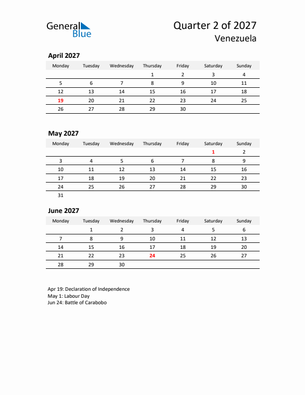 2027 Q2 Three-Month Calendar for Venezuela