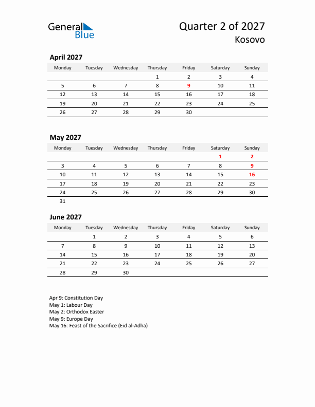 2027 Q2 Three-Month Calendar for Kosovo