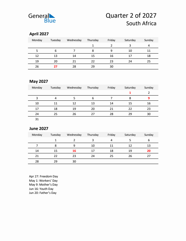 2027 Q2 Three-Month Calendar for South Africa