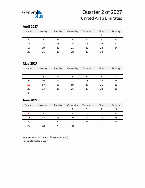 2027 Q2 Three-Month Calendar for United Arab Emirates