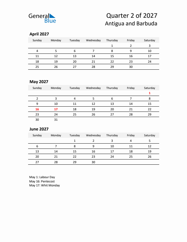 2027 Q2 Three-Month Calendar for Antigua and Barbuda