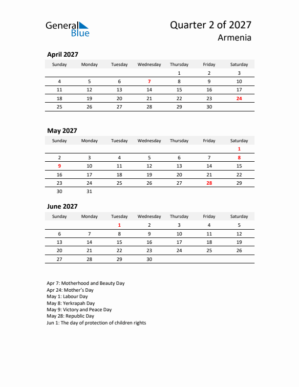 2027 Q2 Three-Month Calendar for Armenia