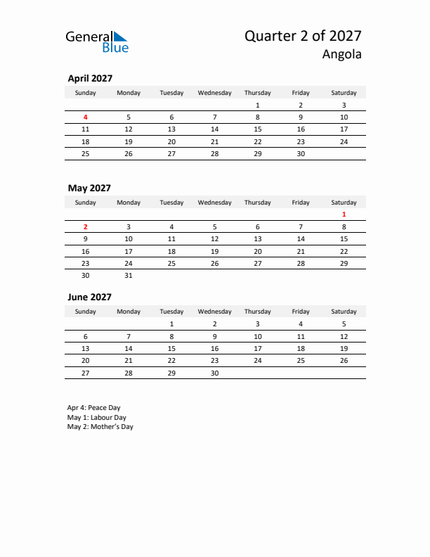 2027 Q2 Three-Month Calendar for Angola