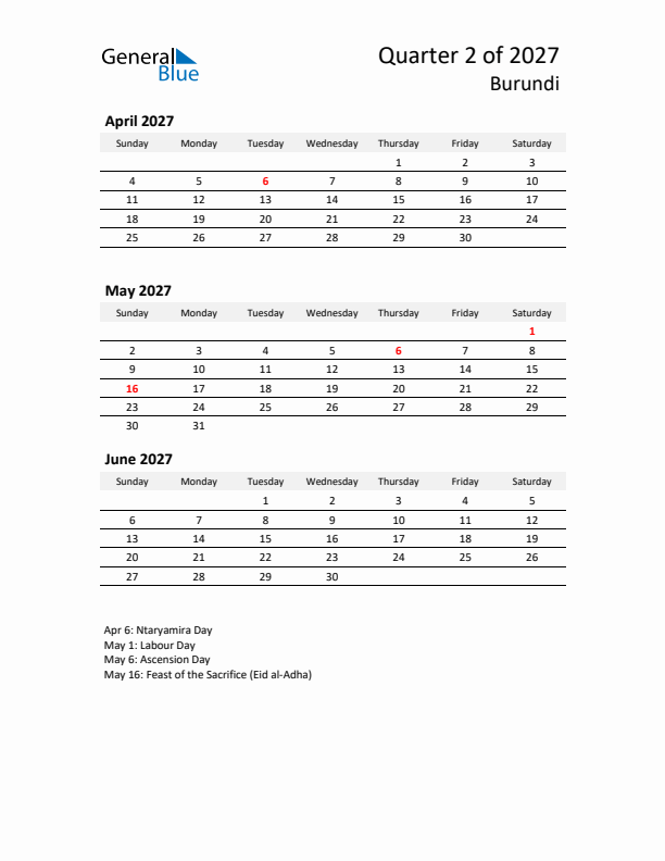 2027 Q2 Three-Month Calendar for Burundi