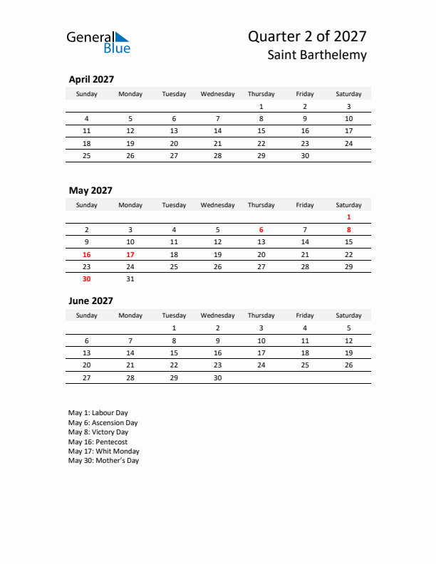 2027 Q2 Three-Month Calendar for Saint Barthelemy