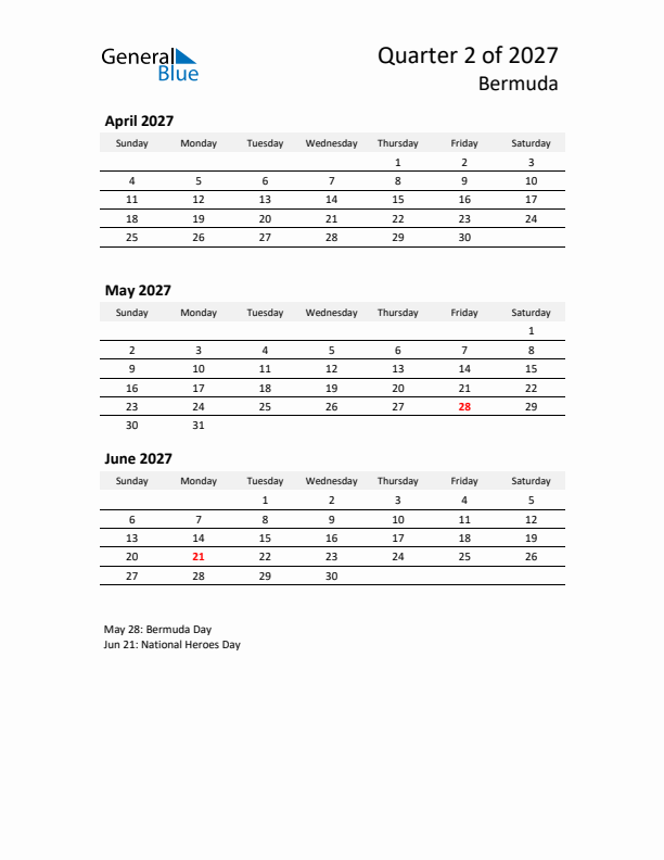 2027 Q2 Three-Month Calendar for Bermuda