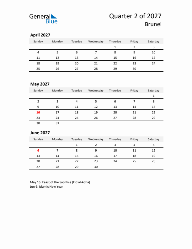 2027 Q2 Three-Month Calendar for Brunei