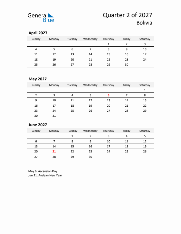 2027 Q2 Three-Month Calendar for Bolivia