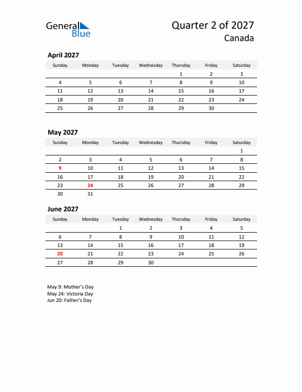 2027 Q2 Three-Month Calendar for Canada