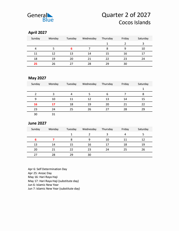 2027 Q2 Three-Month Calendar for Cocos Islands