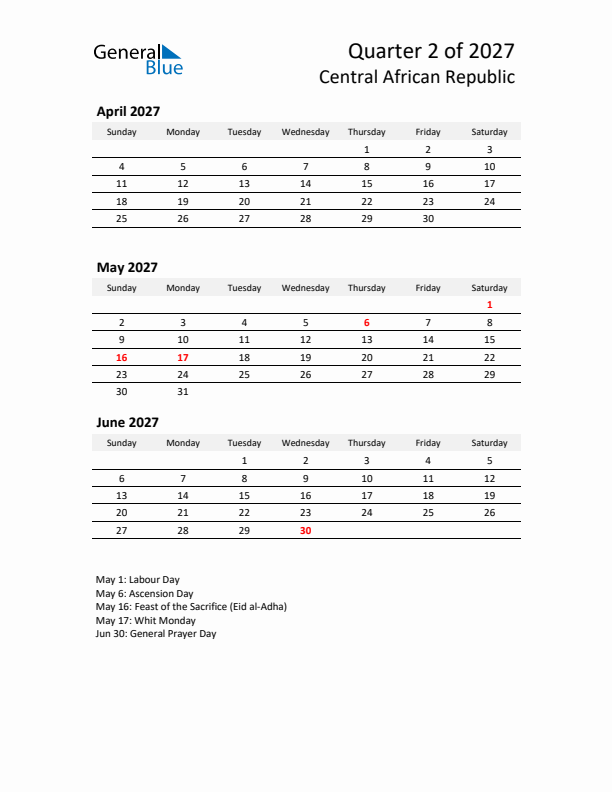 2027 Q2 Three-Month Calendar for Central African Republic