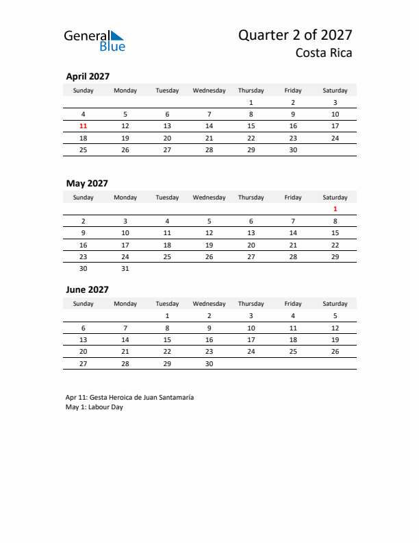 2027 Q2 Three-Month Calendar for Costa Rica