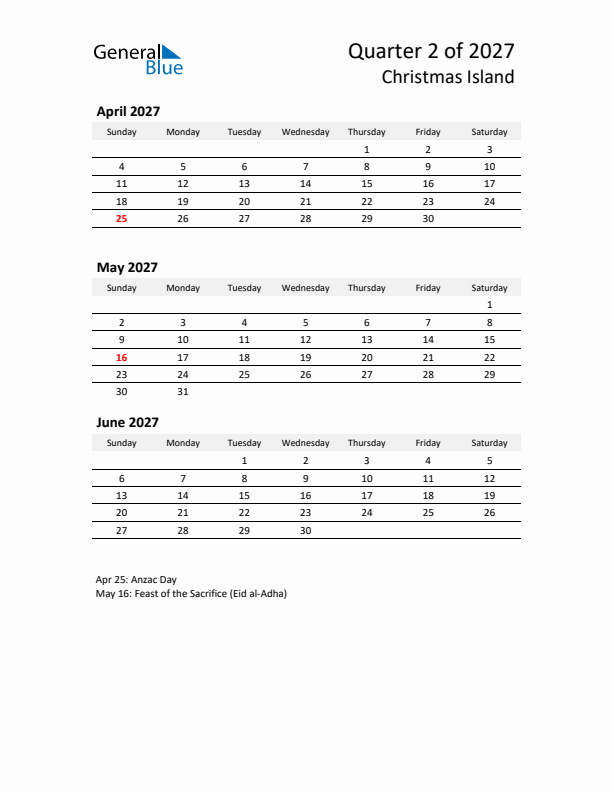 2027 Q2 Three-Month Calendar for Christmas Island