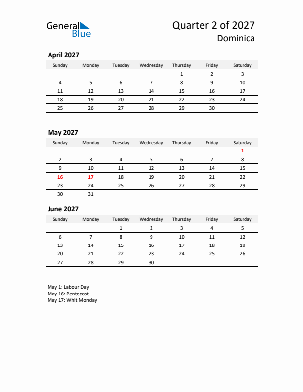 2027 Q2 Three-Month Calendar for Dominica