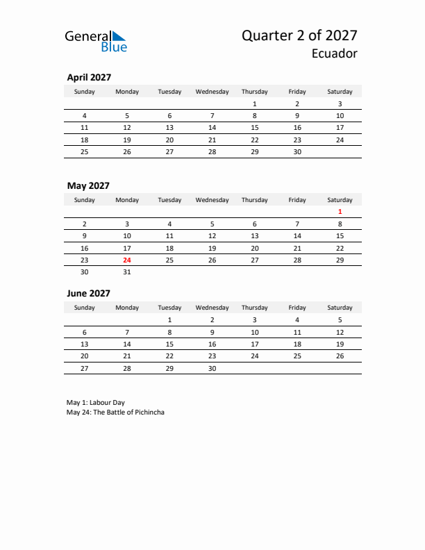 2027 Q2 Three-Month Calendar for Ecuador