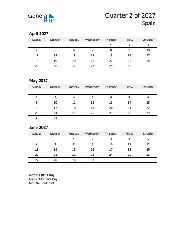 2027 Q2 Three-Month Calendar for Spain