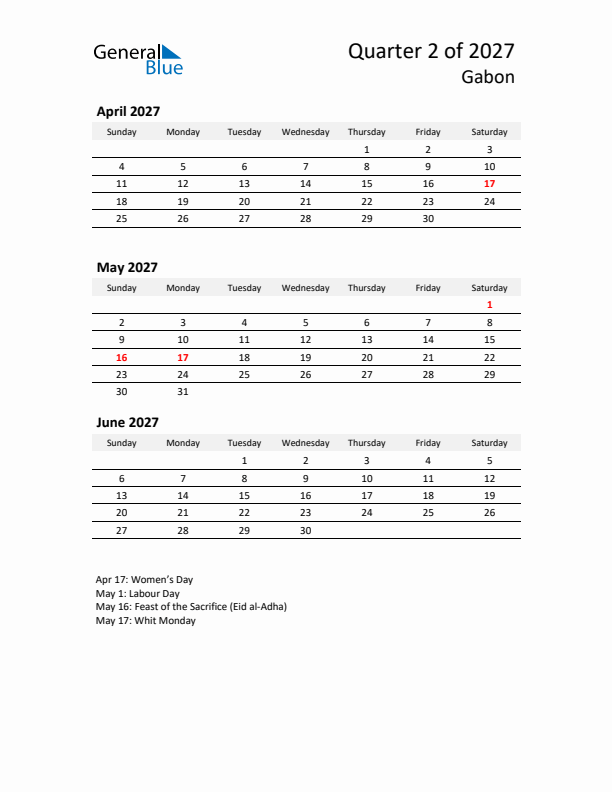 2027 Q2 Three-Month Calendar for Gabon