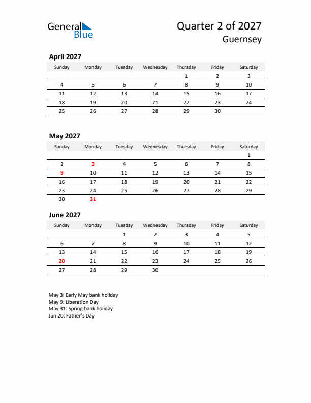 2027 Q2 Three-Month Calendar for Guernsey