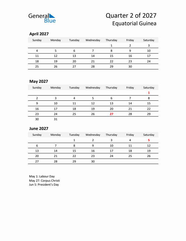 2027 Q2 Three-Month Calendar for Equatorial Guinea