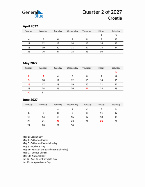 2027 Q2 Three-Month Calendar for Croatia